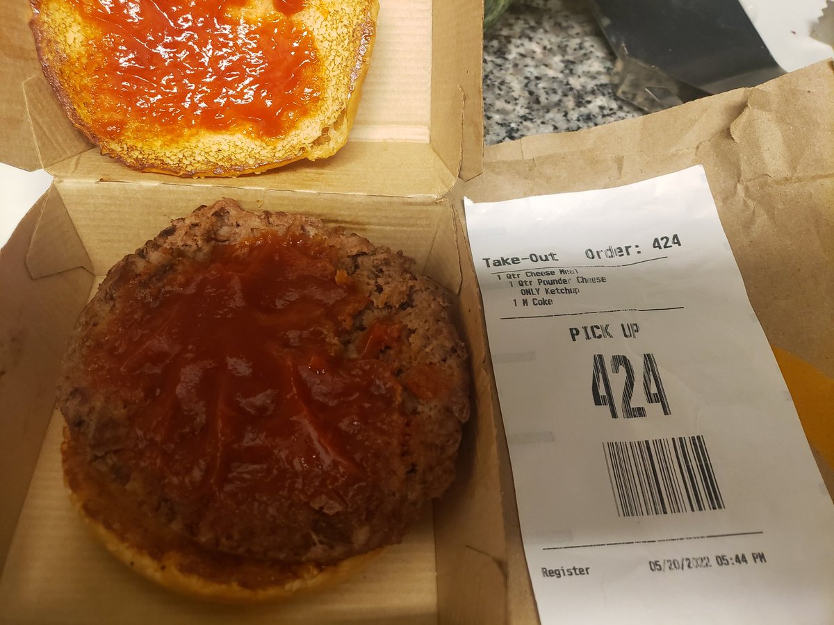 ChickOfHorror's tweet photo. Hey @McDonalds ummmm can I get some kind of compensation? I asked for 1/4 WITH CHEESE I got a plain burger.... I paid $10 for this meal! I'm really hangry now. #hangry #McDonalds #badorder #wtf https://t.co/9X8YFDgmZT