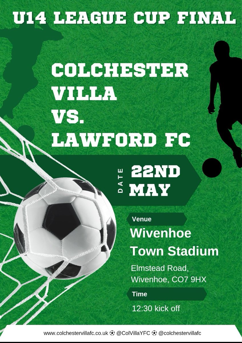 On Sunday, the U14s play Lawford in the League Cup Final. 

12:30 at Wivenhoe Town, if you are at a loose end please come to support Malcolm, Rory and the boys!