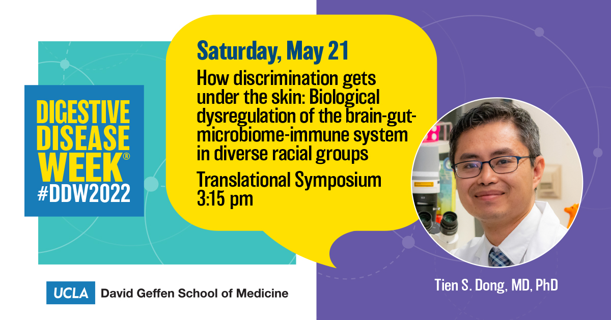 How discrimination gets under the skin: Biological dysregulation of the brain-gut-microbiome-immune system in diverse racial groups at #DDW2022!

🌟<a href="/TienDongMD/">Tien Dong MD, PhD</a>
🔹Translational Symposium, 3:15 pm, Room 11
🔹 🖊️on twitter: @emeranamayer <a href="/HBeltranSanchez/">Hiram BeltránSánchez</a> <a href="/vishvak2000/">Vishvak Subramanyam</a> @AGuptaCNS