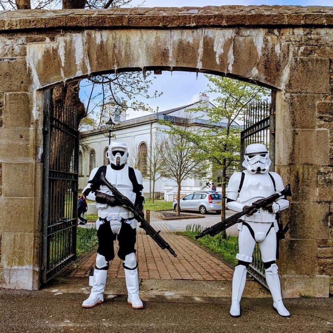 TenbyBrad's tweet photo. Increased security here in #PembrokeDock Hope all goes well for the team at the @PDHeritageCent 
Tonight will see the launch of ‘The Millennium Falcon- The Last Ship Built in the Royal Pembroke Dockyard’  #StarWars #Stormtroopers #MilleniumFalcon @JoinTheForce @LucasfilmMag https://t.co/WMRWnGRFcE
