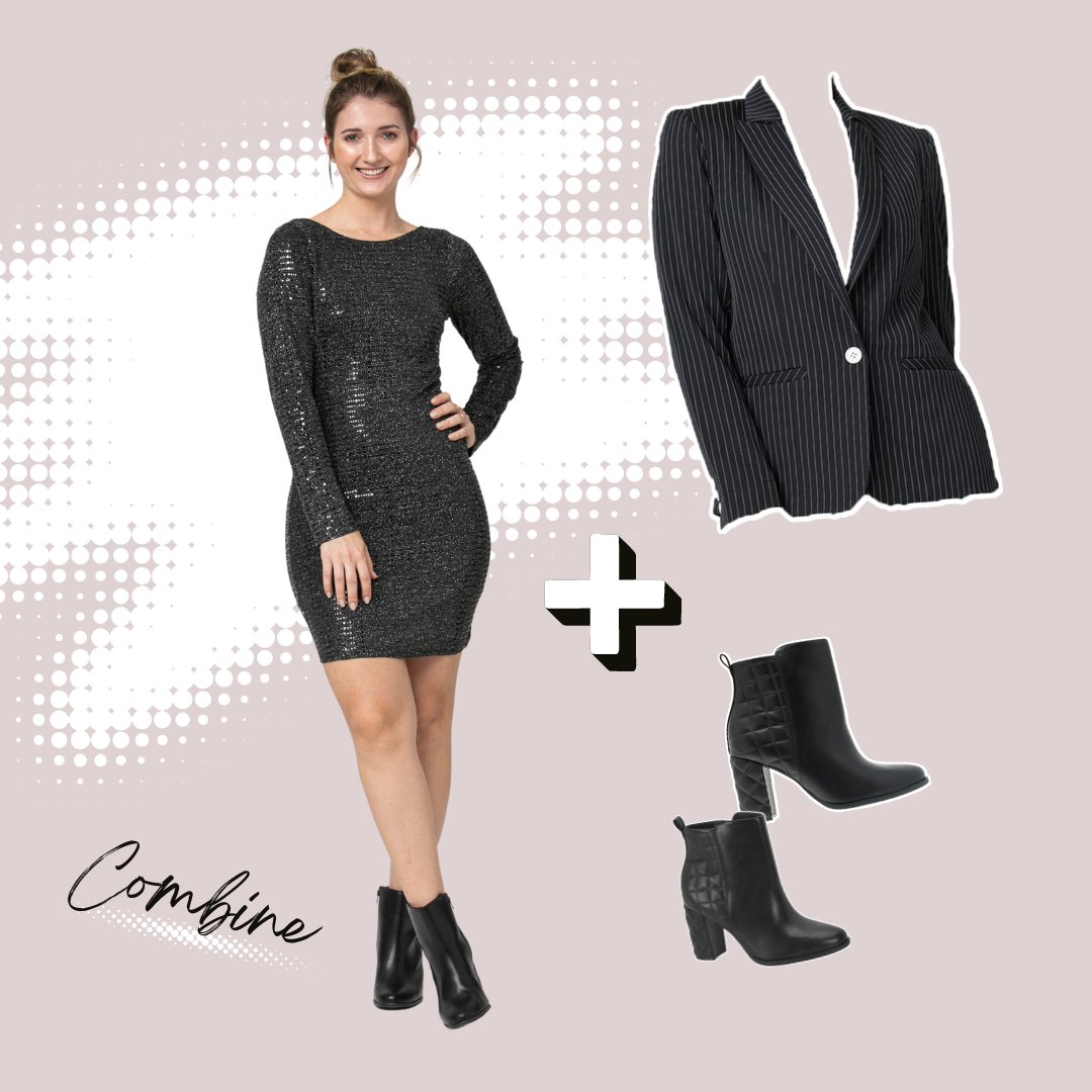 Rabusch's tweet photo. Vestido Curto Metalizado Decote nas Costas + Blazer Alongado Risca de Giz com Bolso + Bota Matelassê Lateral = 😍 https://t.co/gbLJibaFcs