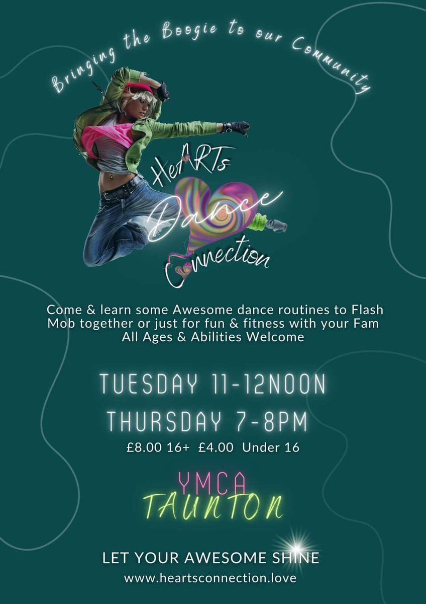 YMCATaunton's tweet photo. ✨ Delighted to introduce Hearts Connection who are running a 🆕 Dance Project at our Centre in Taunton. All welcome #mums #kiddies #children #seniors 2 sessions per week to suit everyone. Starting 💞TUESDAY 24th MAY💞 Come and get your Boogie on!!! 🤩 💃🕺🎶 #flashmob2022 ✨ https://t.co/MC29p5pu97