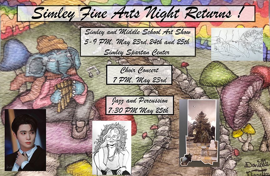 isd199's tweet photo. Fine Arts Nights returns May 23-25! Artwork by #Simley &amp; #IGHMS artists will be on display in the Simley Spartan Center. There will also be a choir performance on May 23 &amp; a jazz &amp; percussion performance on May 25 #inspire199 #199SpartanPride https://t.co/fhPFOoz15C