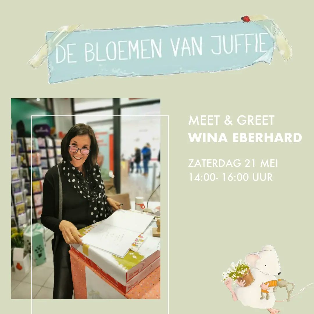VDVelde_Assen's tweet photo. Morgen 21 mei is #WinaEberhard bij ons te gast  voor een Meet &amp; Greet.😃  Onlangs verscheen haar prentenboek 🌸🐁'De bloemen van juffie'. 🌸🐁 Er is volop gelegenheid om vragen te stellen en om uw boek te laten signeren.✍️

Graag tot morgen! Iedereen is welkom.🙋‍♀️ @UITloperAssen https://t.co/iwXqNTdbbG