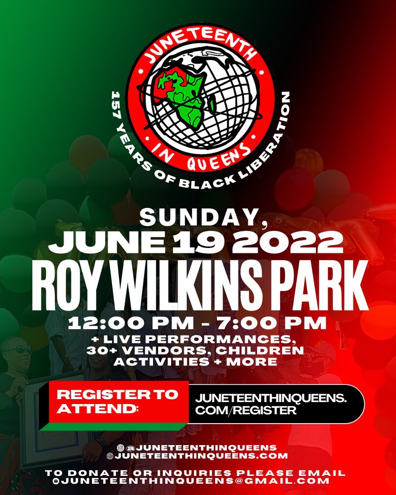 Elmcor's tweet photo. On June 19, we celebrate Juneteenth in jubilation at Roy Wilkins Park! Bring your family to the biggest festival in Queens for entertainment, food, fun, celebration, education and much more! #Juneteenth #JuneteenthinQueens #JIQ #Elmcor https://t.co/2nYY4PABAw