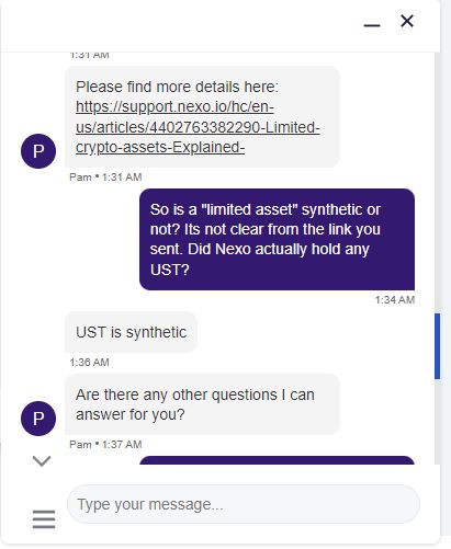 polygonjames1's tweet photo. @Nexo Confirmation from Nexo support that they only ever held synthetic $UST, not the actual asset. This was not advertised to customers. The chances of receiving $Terra airdrop now looking slim. https://t.co/PAYUfhSGIW