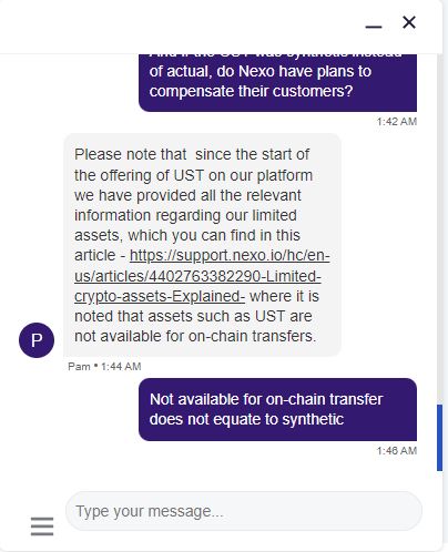 polygonjames1's tweet photo. @Nexo Confirmation from Nexo support that they only ever held synthetic $UST, not the actual asset. This was not advertised to customers. The chances of receiving $Terra airdrop now looking slim. https://t.co/PAYUfhSGIW