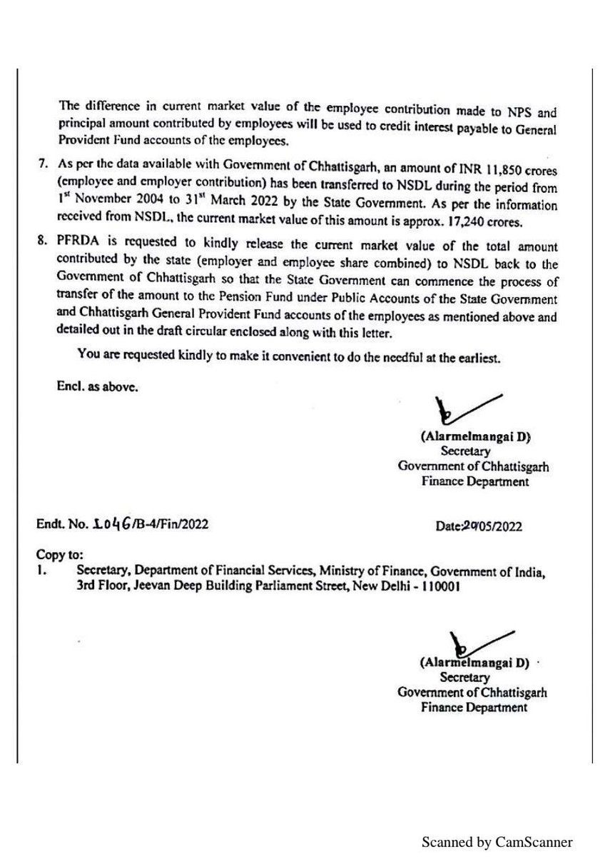PFRDA को छत्तीसगढ़ के वित्त सचिव ने पत्र लिखकर मांगा बाजार मूल्य सहित NPS की जमा राशि
छ ग सरकार द्वारा 1/11/2004 से 31/3/22 की अवधि के दौरान 11,850 करोड़ रुपये (कर्मचारी और नियोक्ता अंशदान ) को एनएसडीएल को हस्तांतरित किया गया है। 
जिसका वर्तमान बाजार मूल्य लगभग 17,240 करोड़ है।
