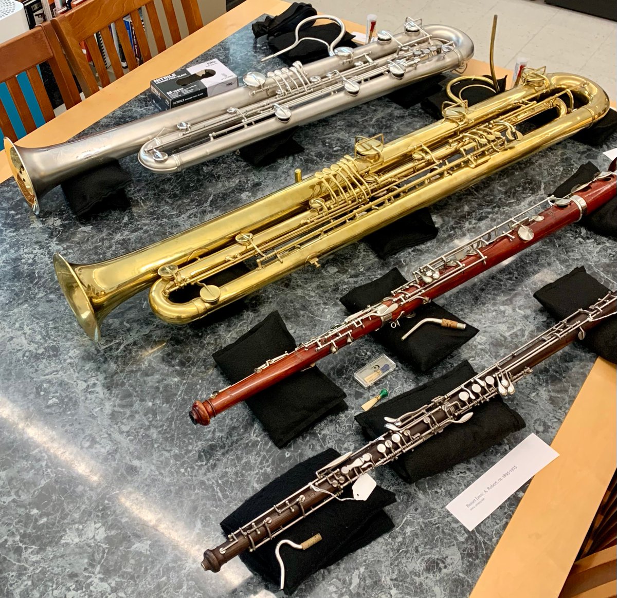 We're all set up for a visit with some excellent young musicians today, from the Illinois All-State Band! They'll get the hear the sounds of these beautiful sarrusophones, which were recently restored.