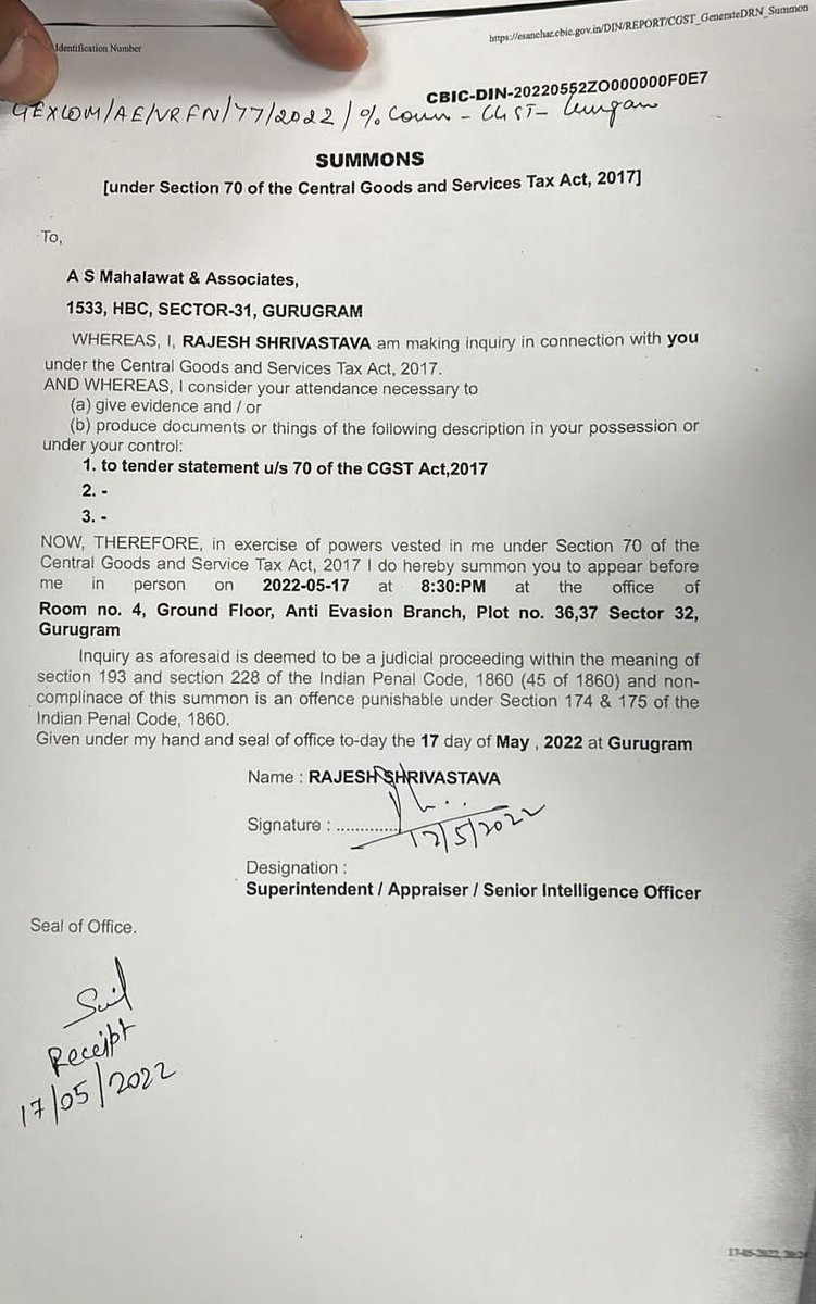 mittaltdelhi's tweet photo. CGST Gurugram issued a “bizarre” summons dated 17.05.2022 (see pic) later arrest CAs – Strange, (i) generated at 2022-05-17 20:22:15.0, call to be present at 8.30p.m. same day (within 8 minutes). Can the officer respond to how it is served? 1/5 https://t.co/NMBzEaEOf3