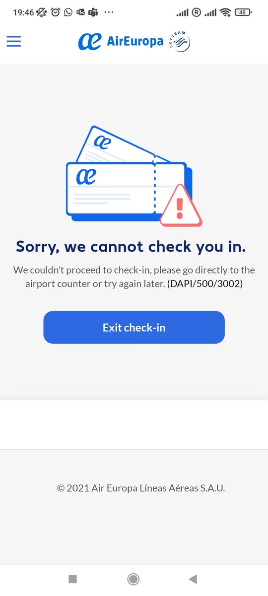 josedmendo's tweet photo. @AirEuropa vuestra web está dando este problema a la hora de finalizar el check-in. Probablemente sea de los pocos procesos críticos que deberían funcionar en vuestra web 🤦

¿Como puede ocurrir esto en 2022? ¿Tengo que ir 6 horas antes al aeropuerto o que? https://t.co/sJzP5LPYem