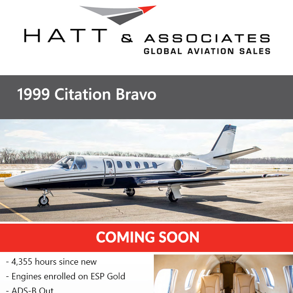 Coming soon – 1999 #Citation #Bravo at @Hatt_Aviation 
Fress PPI
ADS-B Out
More details at: https://t.co/1qUVLwHYt9 
#bizjet #bizav #aircraftforsale #privatejet #privateflying #jetforsale #businessaviation