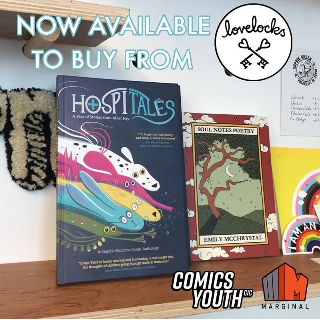 LovelocksC's tweet photo. Come buy this book, it's so good! The stories are written by young people &amp; their experiences being in hospital &amp; is illustrated by the excellent people of @Comicsyouth
I'm so proud to stock this. Please come buy it, anyone who buys this book gets a free hot drink as a thank you https://t.co/uioZ5nrsgj
