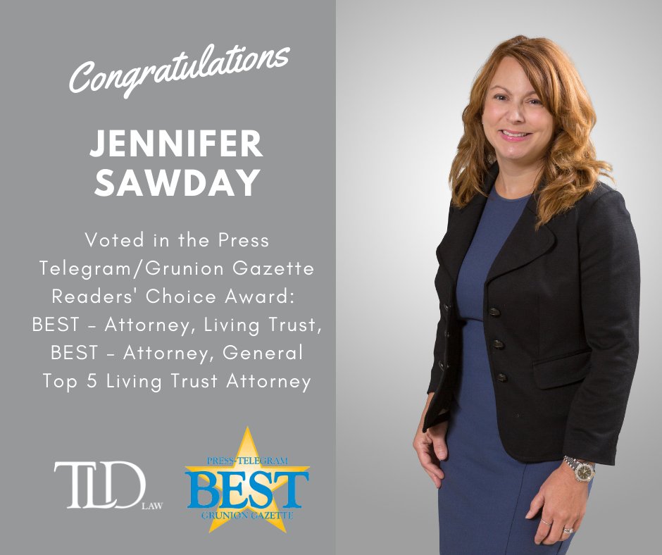 Congratulations to Jen Sawday who has been voted in the Press Telegram/Grunion Gazette Readers' Choice Awards in the categories of: BEST – Attorney, Living Trust, BEST – Attorney, General, and Top 5 Living Trust Attorney! bit.ly/3G4pMNa