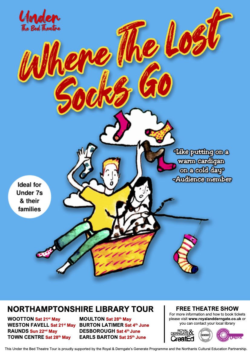The <a href="/BedTheatre/">Under The Bed Theatre</a> library tour of WHERE THE LOST SOCKS GO starts tomorrow at Wootton Library &amp; <a href="/WoottonCSC/">WoottonCSC</a> &amp; Weston Favell Library. We are super excited!!!

Supported by <a href="/RoyalDerngate/">Royal & Derngate</a> #CreatEd &amp; #Generate programmes and <a href="/northantscep/">@NorthantsCEP</a>
