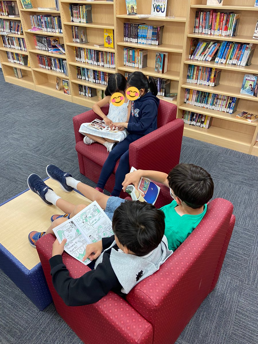 mllehogan's tweet photo. It warms my whole heart to see kidlets sharing comfy chairs to read side by side; or pointing out funny parts of stories to a friend nearby. I’ve said it before and I’ll say it again, we love starting our Fridays in the Library 📚 https://t.co/BMQlCIN1qA