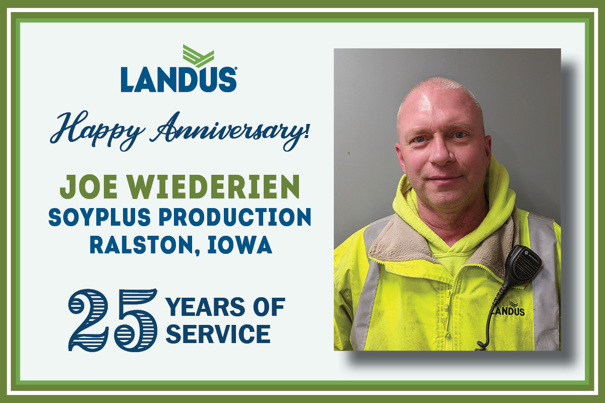LandusAg's tweet photo. Please join us in thanking Joe Wiederien for 25 years of service. We appreciate your dedication to Landus and the SoyPlus Production facility, Joe!
#workanniversary #workiversary #agriculture #farmer #farming #soyplus https://t.co/2N6CPiBht2