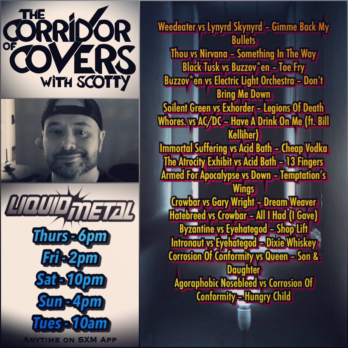 fnliquidmetal's tweet photo. #corridorofcovers w/ #Scotty on #sxmliquidmetal .. #southernsludge
🤘🖤🤘
#metal #heavymetal #headbanger #metalhead #metalcovers #coversong #sludgemetal #deathmetal #killbillvol2 #thedeparted #thebatman #siriusxm https://t.co/Jfx1zQ1UUK