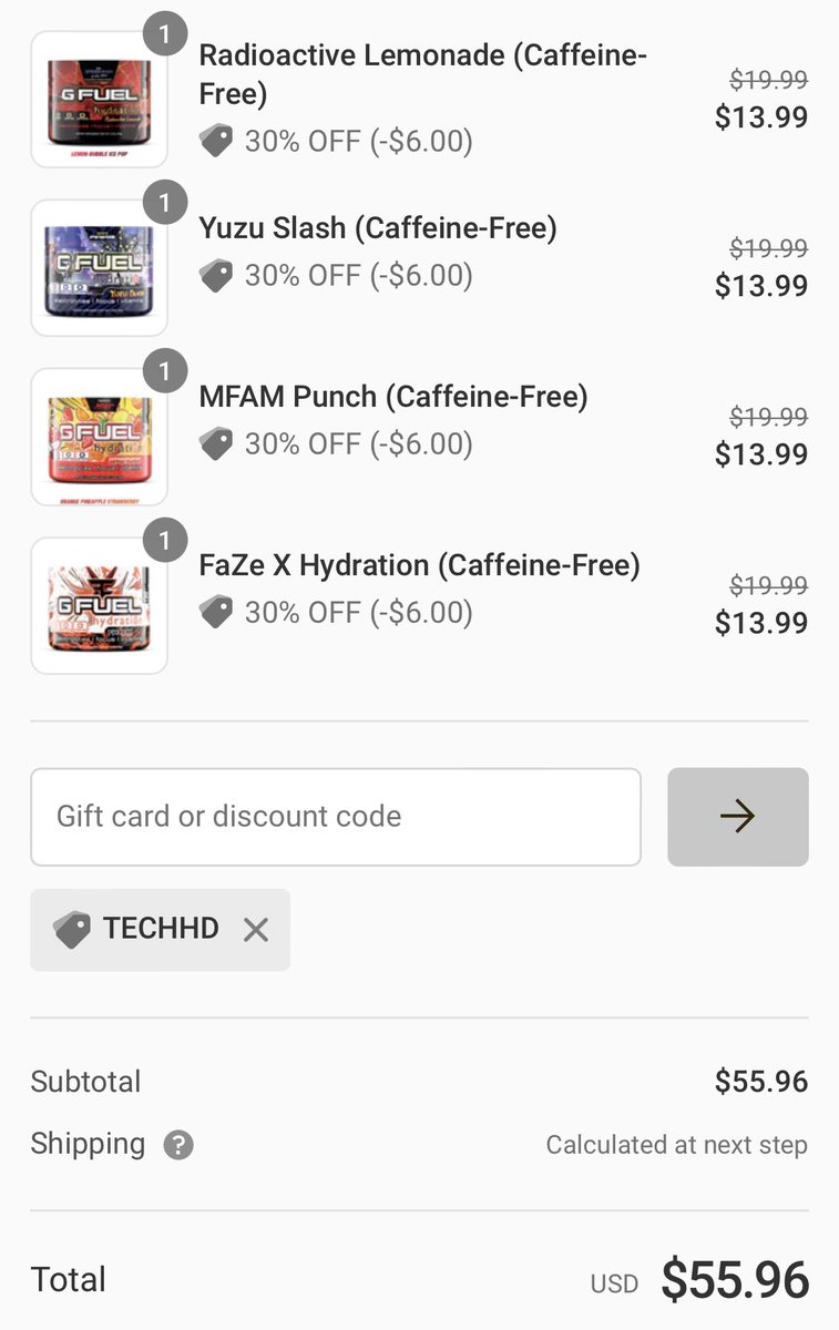 Tech_HD1's tweet photo. 🚨UPDATE: All the @GFuelEnergy Hydration Tubs are discounted to $19.99 (Originally $25.99) but.... If you use my Code "TECHHD" at Checkout, you get an additional 30% Off bringing it down to $13.99! 🤯🔥👀 (Ends on the 23rd) #GSQUAD #GFUEL #discountcode 

https://t.co/llk9l84jux https://t.co/KQdPmkXIYP