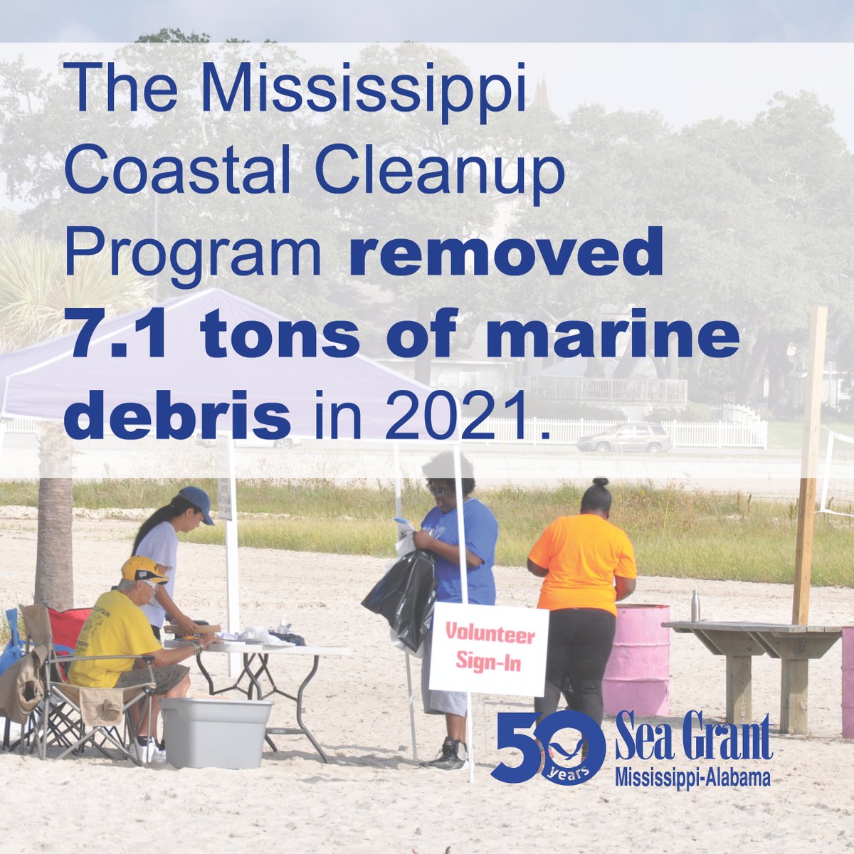 MSALSeaGrant's tweet photo. The Mississippi Coastal Cleanup Program’s 2021 events attracted 1,650 volunteers who contributed 4,950 volunteer hours toward improving our coast. #MASGC50 #SeaGrantSciComm https://t.co/PpsDXm5dBk