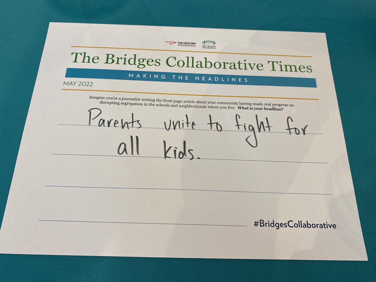 TCFdotorg's tweet photo. Our #BridgesCollaborative members are sharing what their news headlines will look like if they are successful in their work.
Tell us: what would progress to disrupt segregation in YOUR community look like? https://t.co/GkM4V0MZXz