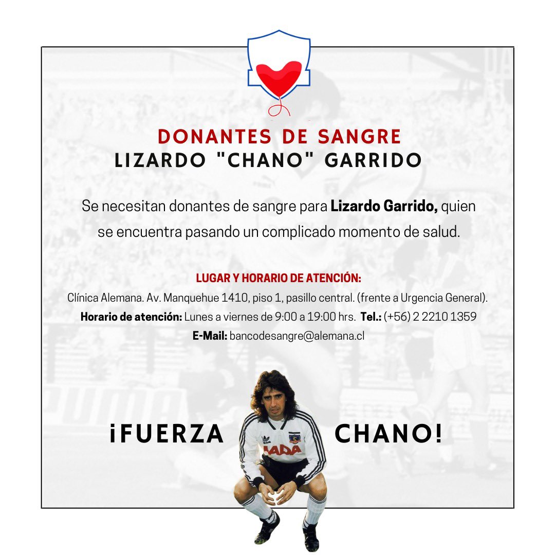 ⚠️𝐀𝐭𝐞𝐧𝐜𝐢𝐨́𝐧⚠️

Lizardo Garrido necesita dadores de sangre. Puedes aportar en Av. Manquehue 1410, piso 1, pasillo central, frente a Urgencia General. De Lunes a viernes de  9:00 a 19:00 hrs.

Por favor, ayudanos a difundir 🙌🏽

APOYEMOS AL CHANO 🤍