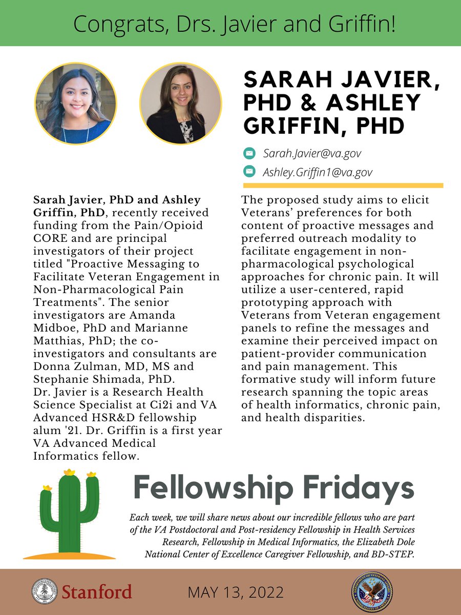 #ICYMI, congratulations to <a href="/sarahjjavier/">Sarah Javier PhD</a> <a href="/griffinashleyc/">Ashley Griffin</a>! <a href="/Ci2iVA/">Innovate2Implement</a> <a href="/VAPaloAlto/">VA Palo Alto HCS</a> <a href="/vahsrd/">VA HSR</a>  @AmandaMidboe <a href="/DonnaZulman/">Donna Zulman</a> <a href="/slrshimada/">Stephanie Shimada</a>