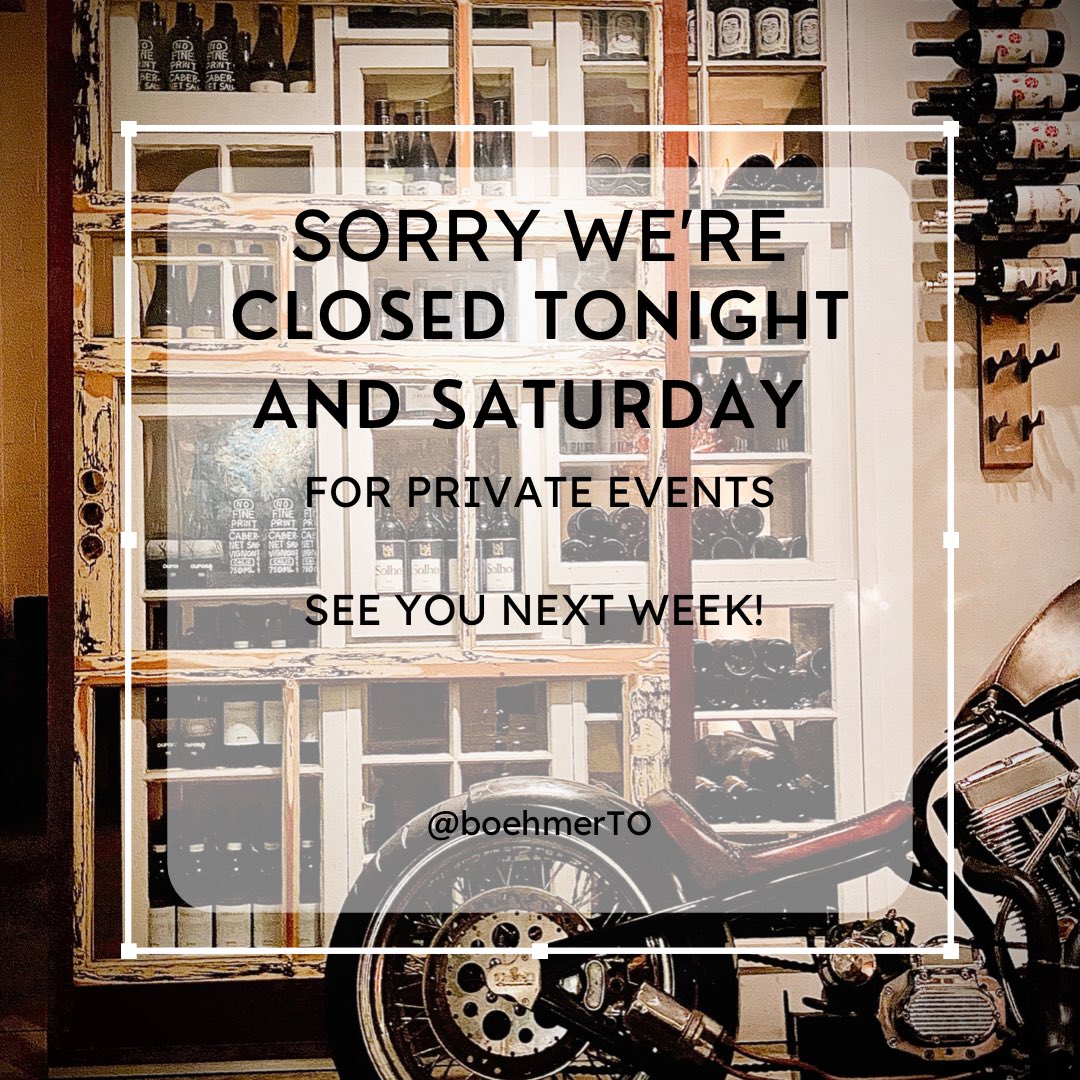 We apologize for the inconvenience. See you next week!
#wedding #boehmerto #privatevent #toronto #torontorestaurants #weekend