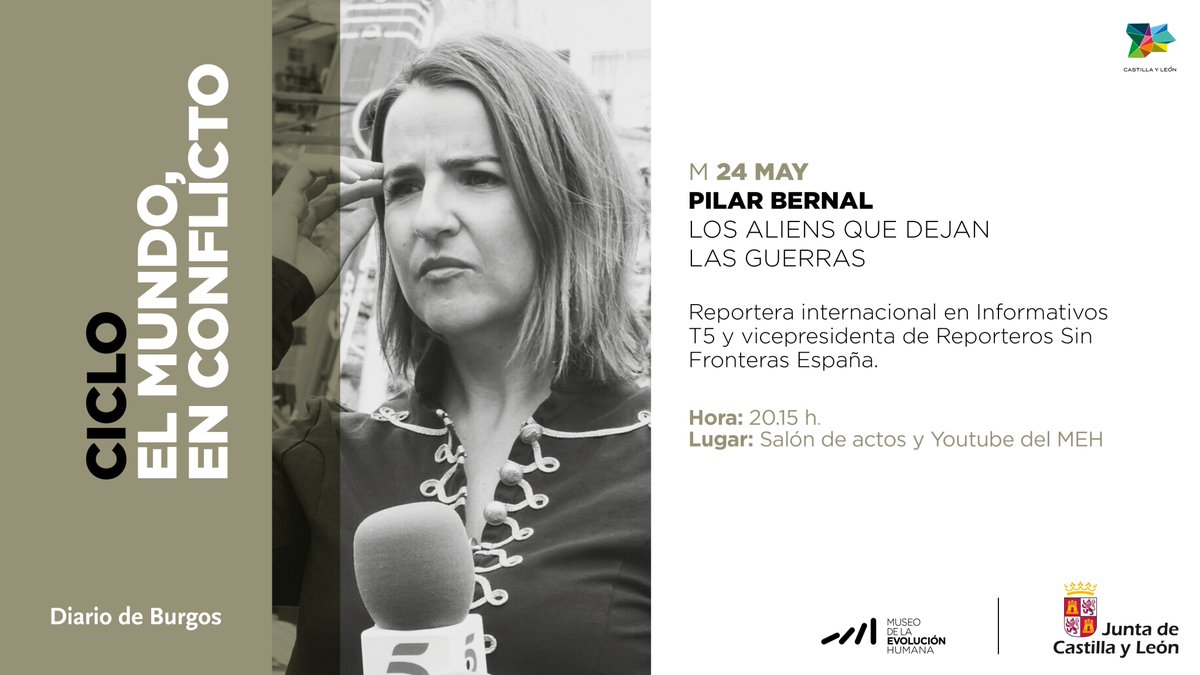 El martes volvemos con  #Elmundoenconflicto, que hacemos en el <a href="/museoevolucion/">MuseoEvoluciónHumana</a> en colaboración con <a href="/diariodeburgos/">Diario de Burgos</a> . Contamos nada menos con <a href="/PilarBernalNews/">Pilar Bernal</a> , vicepresidenta de <a href="/RSF_ES/">RSF España</a> y reportera internacional de <a href="/tele5/">///</a> . Os esperamos. Presentada por <a href="/amelconp/">Álvaro Melcón</a> , director de DB