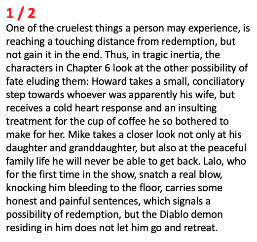 TBigelman's tweet photo. One of the cruelest things a person may experience, is getting close to redemption, but not gain it in the end. 

My full recap to @BetterCallSaul episode 06, beautifully directed by @quiethandfilms,  attached. 

@rheaseehorn @mrbobodenkirk @petergould  @Daltontony https://t.co/vCNLLVEXKg