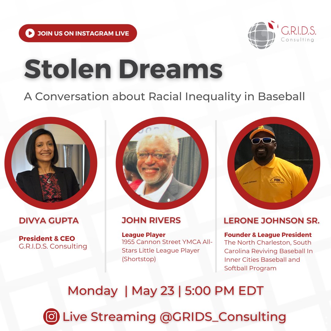 Reschedule Announcement! Please join <a href="/Divya_GRIDS/">Divya Gupta</a>, client 𝐉𝐨𝐡𝐧 𝐑𝐢𝐯𝐞𝐫𝐬, &amp; 𝐂𝐨𝐚𝐜𝐡 𝐋𝐞𝐫𝐨𝐧𝐞 𝐉𝐨𝐡𝐧𝐬𝐨𝐧 for this very important conversation. 

See you on Monday at 5PM, EDT.

#BaseBall #BaseballGeeks #CharlestonSC