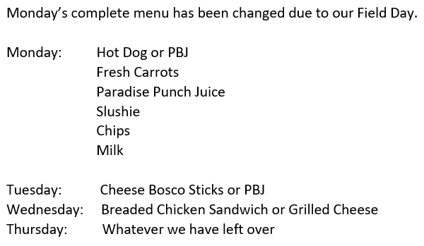 RomeCitySchool's tweet photo. Here's what we will be having for lunch during the last week of school! https://t.co/c017mxB9tt