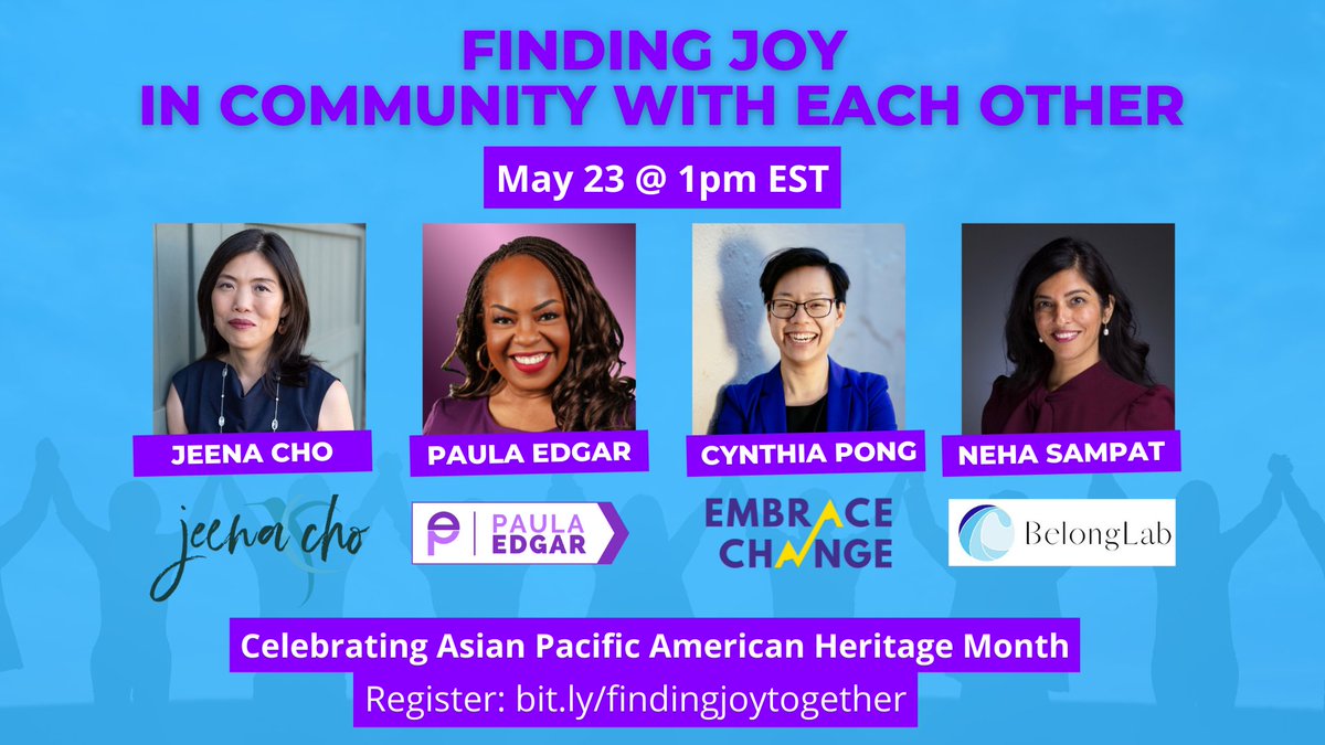 We need joy now more than ever. So grateful for people like <a href="/Jeena_Cho/">Jeena Cho 조지현</a>, <a href="/EmbraceNYC/">Cynthia Pong, she/her</a>, and <a href="/PaulaEdgar/">Edgar Paula arias</a>, who give me hope, community, and laughter and keep me fighting the good fight. Join us on Monday for a conversation on Finding Joy in Community with Each Other!