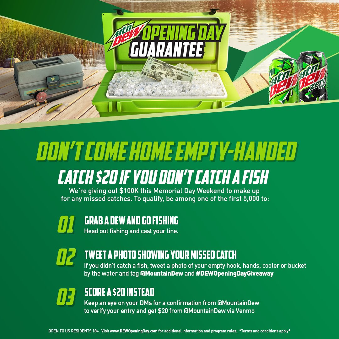 KICK104's tweet photo. Catch a $20 if you don’t catch a fish! Be one of the first 5,000 people to tweet a
pic of your empty hook to @MountainDew using #DEWOpeningDayGiveaway
beginning Sat. 5/28 at 9 AM CT. Check out https://t.co/n3qASR5dM2 for more info.
US Res / 18+ / Ends 5/31 https://t.co/fnCk2o5op2