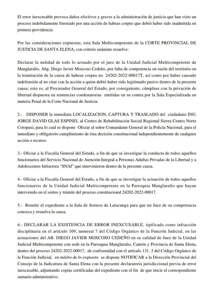 teleamazonasec's tweet photo. #URGENTE La Corte de Justicia de Santa Elena declara la nulidad de todo lo actuado en el habeas corpus de Jorge Glas. 

Dispone la localización, captura y traslado de Glas. Vía @dayannamonroy https://t.co/CHKGCOnuZm