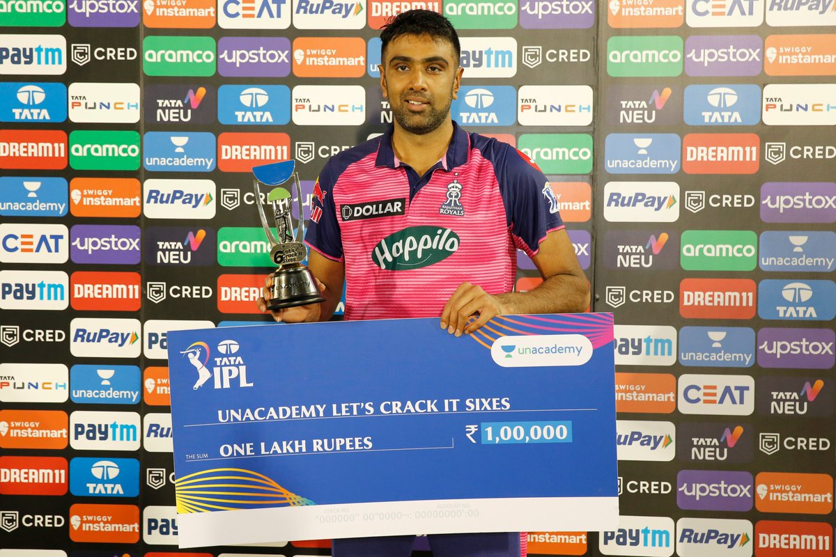 IPL's tweet image. Unacademy Let&apos;s Crack It Sixes of the Match between @rajasthanroyals and @ChennaiIPL is R Ashwin.

#TATAIPL @unacademy #LetsCrackIt #RRvCSK