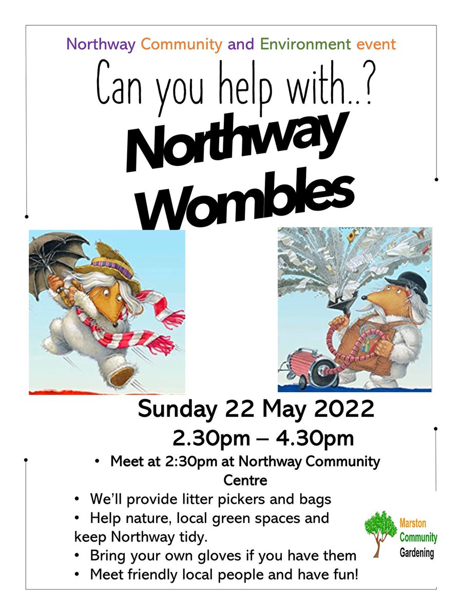 <a href="/MarstonCommuni1/">MarstonCommunityGardening</a> new litter picking group in Northway!! The Northway Wombles. Starting this Sunday on 22 May from 2:30PM–4:30PM. Meet at the Northway Community Centre,  OX3 9RU. Thank you <a href="/katejo99/">Kate Robinson</a> for your continued hard work for Marston and Northway community!!