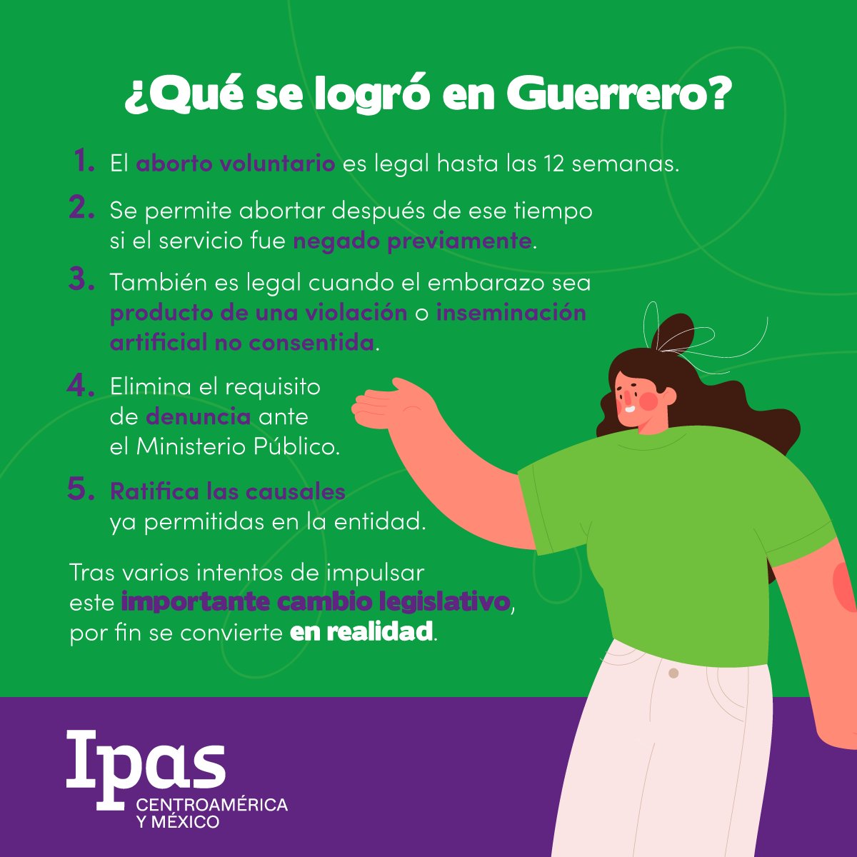 Seguimos contentas porque, en Guerrero, la interrupción del embarazo ES LEY.💚👏🏽💚👏🏽  ¿Pero qué contiene la iniciativa aprobada por el <a href="/congresogro/">Congreso Guerrero</a>? 🤔
No te preocupes, que acá te lo desmenuzamos todo bien bonito. 👇🏽
#AbortoLegalGuerrero