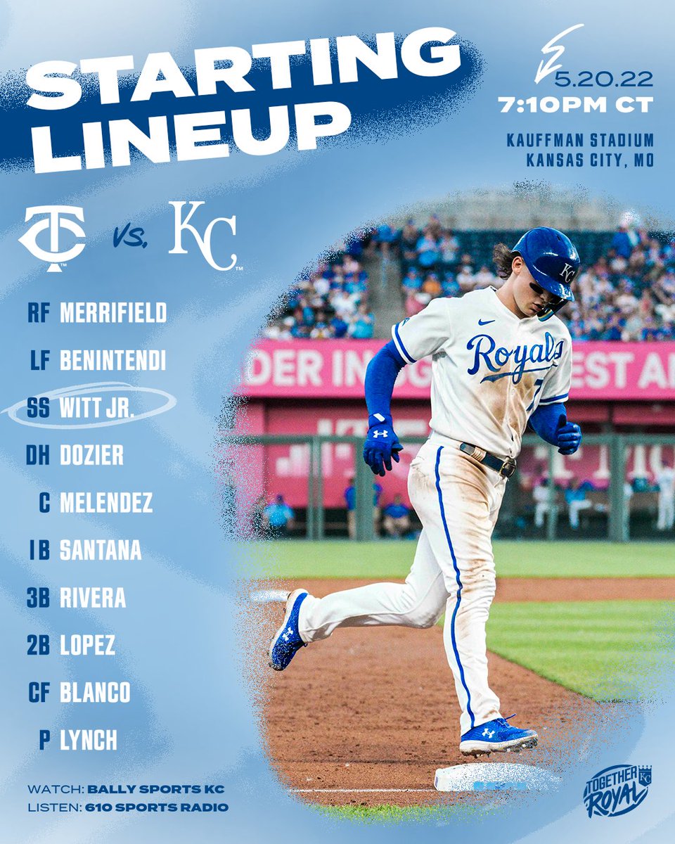 The Royals lineup for May 20 vs. the Minnesota Twins:

RF Whit Merrifield
LF Andrew Benintendi
SS Bobby Witt Jr.
DH Hunter Dozier
C MJ Melendez
1B Carlos Santana
3B Emmanuel Rivera
2B Nicky Lopez
CF Dairon Blanco

P Daniel Lynch

Broadcasts of tonight's game will be available on Bally Sports KC and KCSP 610 AM.

First pitch from Kauffman Stadium in Kansas City, MO is set for 7:10 p.m. CT. Go Royals!

Inset photo: Bobby Witt Jr. rounds the bases following a home run.