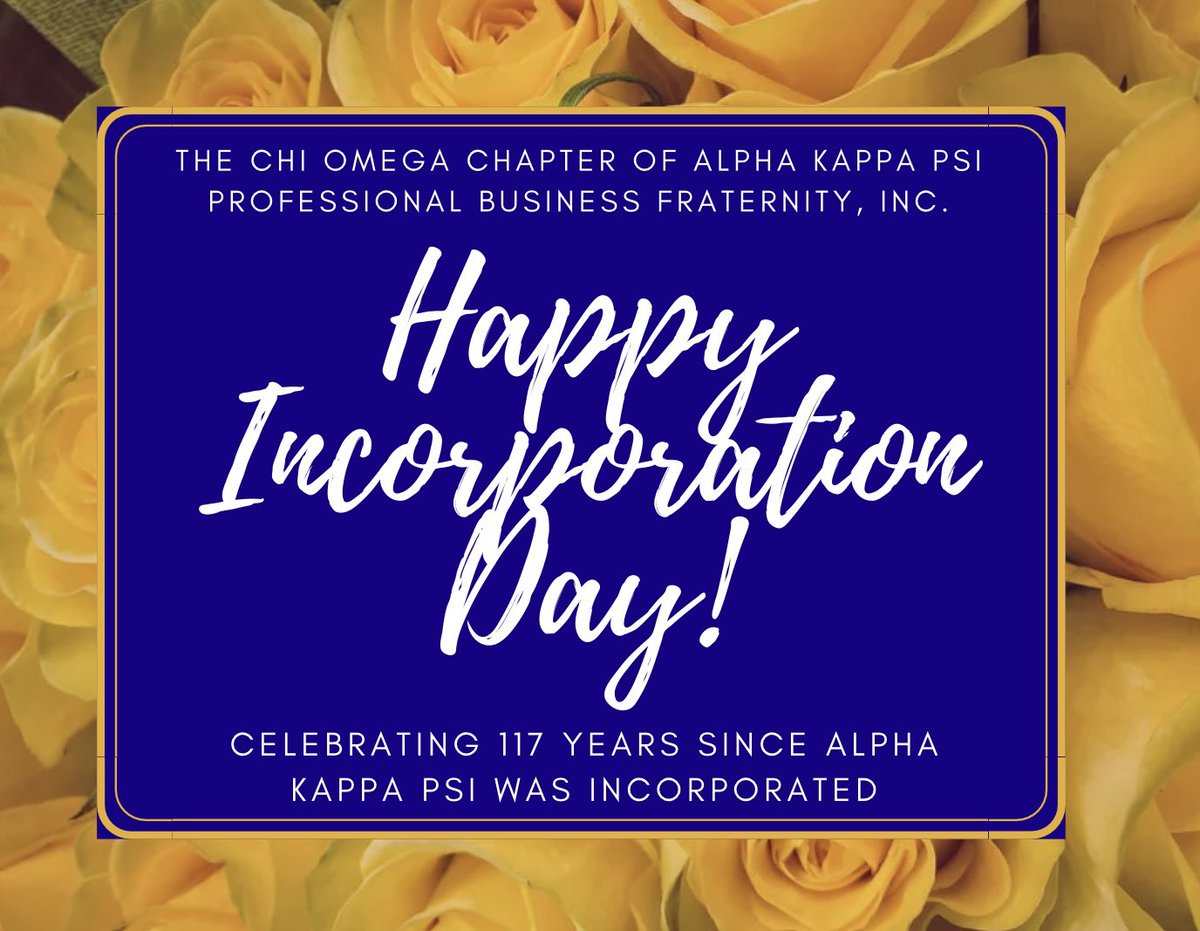 Happy Incorporation Day Brothers! We are proud to celebrate our 117th year of incorporation. 💛💙 

#AKPsi #ChiOmega
