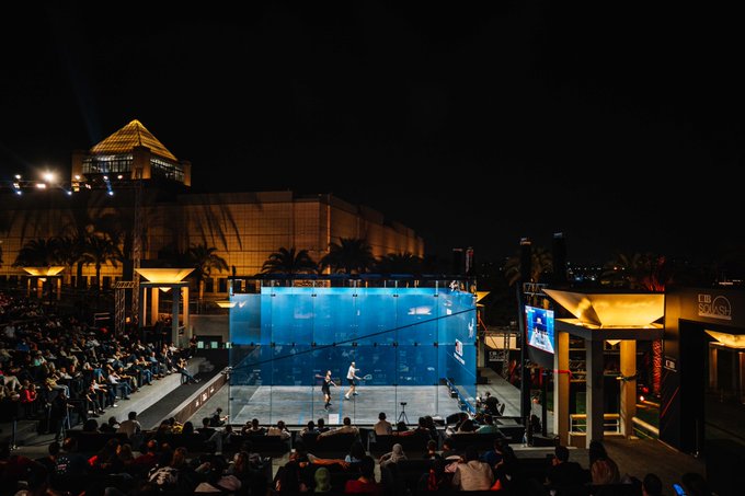 The glass squash court at the Egyptian National Museum of Civilization 