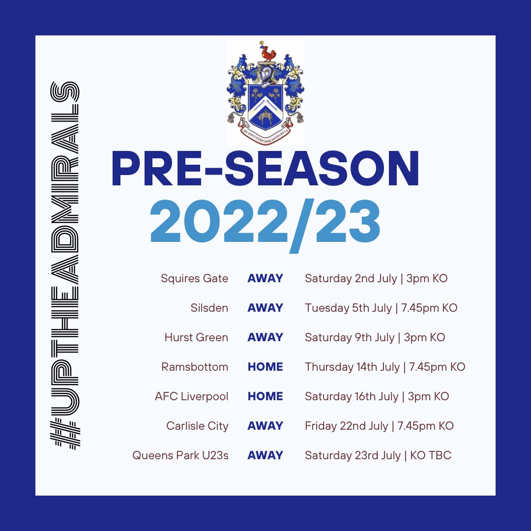 Our pre-season fixtures have been finalised. 

We are looking forward to visiting <a href="/squiresgatefc/">Squires Gate FC</a>, <a href="/SilsdenAFC/">Silsden AFC</a>, <a href="/Hurstgreenfc/">Hurst Green FC ⚫️⚪️🦅</a>, <a href="/CarlisleCityFC/">Carlisle City FC Official</a> and <a href="/queensparkfc/">Queen's Park FC</a> U23s. 

And looking forward to hosting <a href="/RamsbottomUtd/">Ramsbottom United</a> and <a href="/AFCLiverpool/">AFC Liverpool🔴⚪️⚽️</a>. 

Let 2022/23 commence!