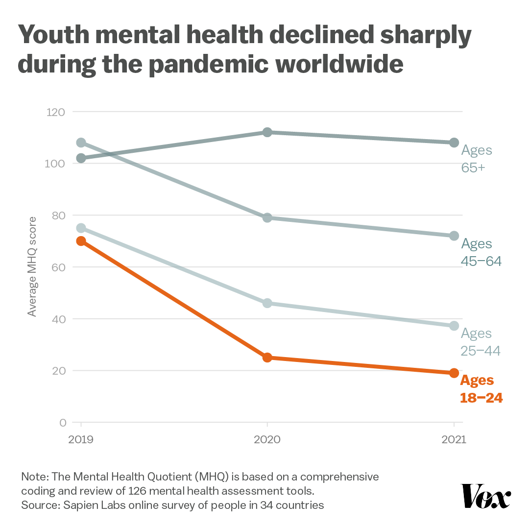 voxdotcom's tweet photo. The mental well-being of people ages 18-24 is declining around the world — and researchers speculate that internet use crowding out in-person social time may be to blame. https://t.co/14gGYWeblQ