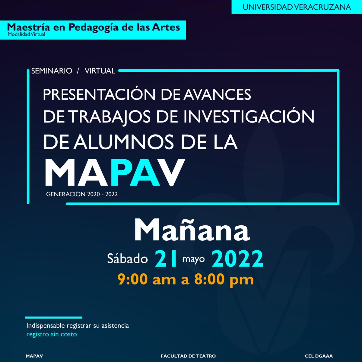 MapavUv's tweet image. ¿Ya realizaste tu registro?

Recuerda, mañana Sábado 21 de Mayo 2022: Seminario virtual: PRESENTACIÓN DE AVANCES DE LOS TRABAJOS DE INVESTIGACIÓN DE ALUMNOS DE LA MAPAV.

Hora: 9:00 am a 8:00 pm

1.- Realiza tu registro sin costo: forms.office.com/r/NFsJNzPGGq
