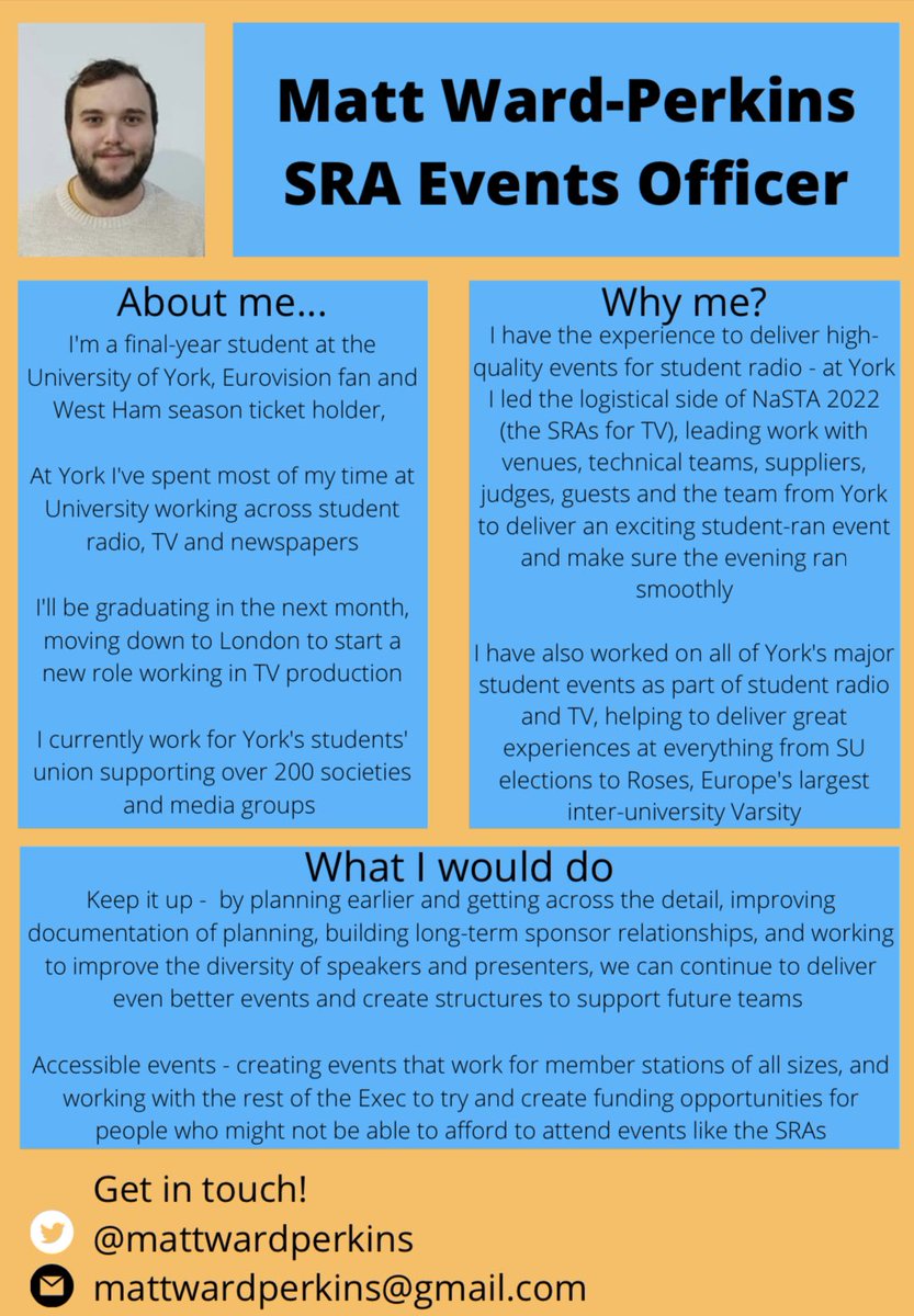 mattwardperkins's tweet photo. Everyone who knows me will know how important student radio has been to me over the last few years

I’d love the chance to give back - and I believe I’ve got the experience and passion to make @SRA events even better next year!

Get in touch if you have any questions at all! https://t.co/FK0FAcFmB1