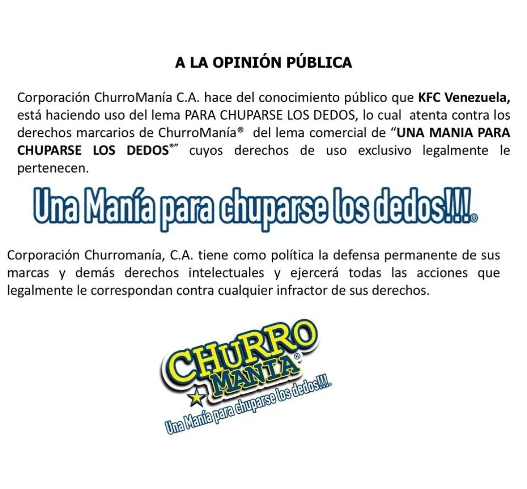 Churromanía ejercerá acciones legales contra KFC Venezuela por usar su eslogan comercial.