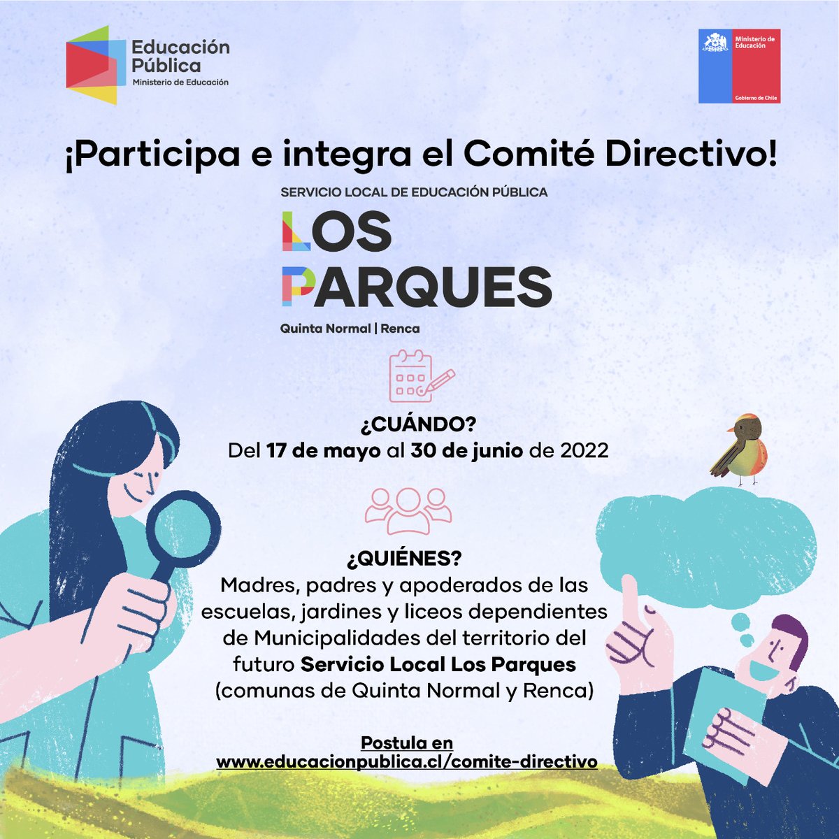 EduPublicaCL's tweet photo. 📣Integra el Comité Directivo del futuro Servicio Local #LosParques✅

Convocatoria para representantes de los Centros de Madres, Padres y Apoderados de los establecimientos educacionales municipales de #QuintaNormal y #Renca

📲https://t.co/OVjdffqX0k https://t.co/G8GxKOYzzU