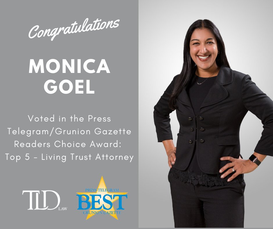Congratulations to Monica Goel who has been voted in the Press Telegram/Grunion Gazette Readers' Choice Award as a Top 5 - Living Trust Attorney! To learn more about Ms. Goel’s expertise and contributions to her community, please visit: bit.ly/3PxWYRs