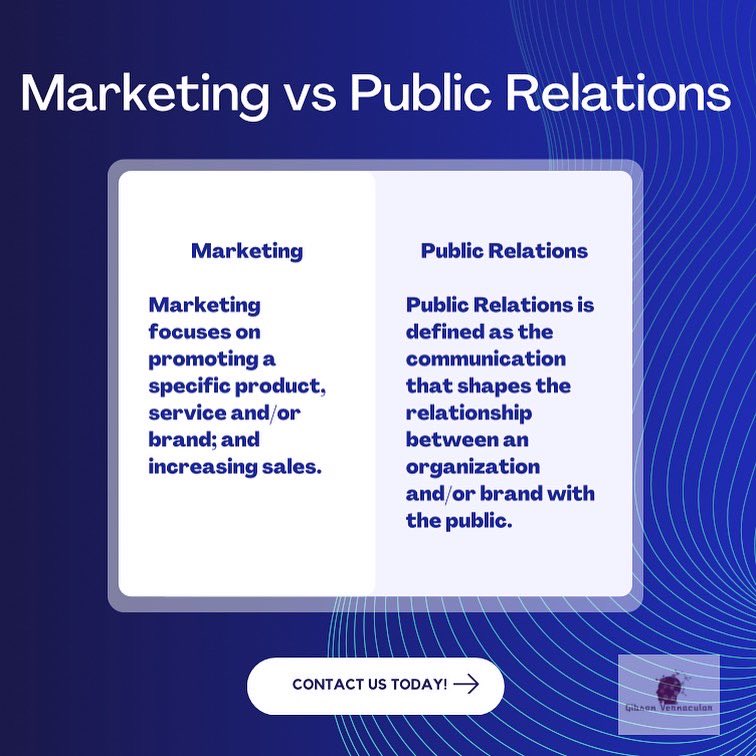 GVernacular's tweet photo. It’s important to understand the differences between #Marketing &amp; #PublicRelations, as they can help to grow your target audience &amp; boost brand awareness!

#GibsonVernacular https://t.co/x17ny3gI7n