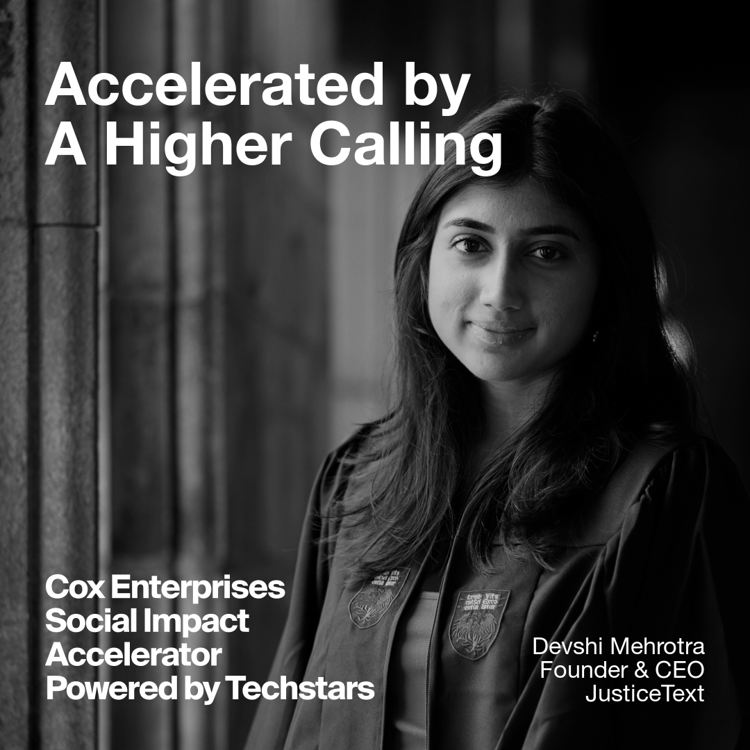 Techstars's tweet photo. "The community of founders in my [@TechstarsImpact] class is truly like no other. Having such a diverse &amp; mission-driven group of entrepreneurs in my corner has made all the difference in my journey building @JusticeText.” - @DevshiMehrotra https://t.co/ryinRxamoZ